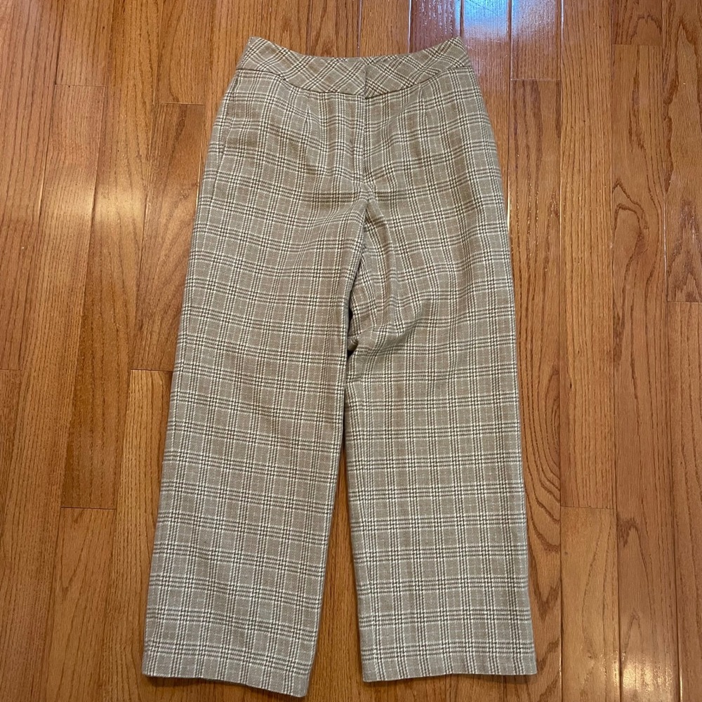 Tribeca Studio Plaid‎ Wide Leg Pants Women Size 8P Wool Blend Brown Tan
